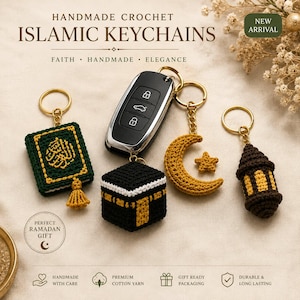 May include: Four handmade crochet keychains featuring Islamic motifs: a green book with gold embroidery, a black cube with gold trim, a yellow crescent moon with a star, and a brown lantern. A black car key fob is attached to the cube keychain.