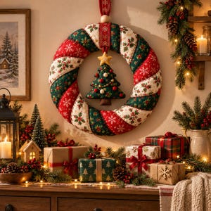 Op de afbeelding: Een gewatteerde stoffen kerstkrans met afwisselende diagonale strepen in rood, groen en crème, voorzien van sneeuwvlok- en hulstpatronen. Een pluche, donkergroene kerstboom met kleine kleurrijke kerstballen hangt in het midden.