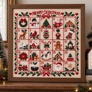 May include: A framed cross-stitch advent calendar on a light fabric background with the text MERRY CHRISTMAS at the top. It features a grid of twenty-five numbered squares, each containing a unique holiday-themed icon like a snowman, tree, or Santa.