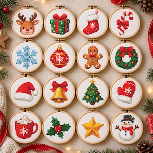 May include: A collection of sixteen circular wooden embroidery hoops featuring cross-stitch designs of Christmas icons including a reindeer, gift, stocking, candy cane, snowflake, ornament, gingerbread person, wreath, hat, bell, tree, mitten, mug, holly, star, and snowman.