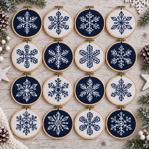 Snowflake Mini Cross Stitch Patterns Bundle Christmas Tree Festive Ornament Nordic Scandinavian Xmas Gift Holiday Decor Digital Download PDF