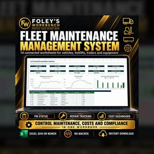Könnte beinhalten: Ein digitales Flottenwartungs-Managementsystem auf einem Laptop-Bildschirm mit 14 verbundenen Arbeitsblättern für Fahrzeuge und Ausrüstung. Das Dashboard enthält Datendiagramme, Kostentrends und Wartungs-Tracking-Tools in Schwarz und Gold.