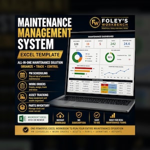 Peut inclure: Un modèle Excel de système de gestion de maintenance affiché sur un écran d'ordinateur portable. Le graphique présente le texte Foley's Workbench, Maintenance Management System, et liste des fonctionnalités comme la planification PM.