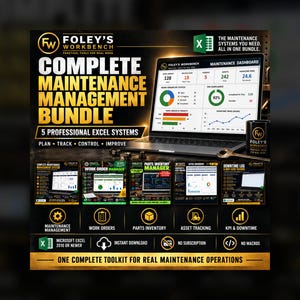 May include: A digital product advertisement for Foley's Workbench Complete Maintenance Management Bundle, featuring a laptop displaying a maintenance dashboard, five system icons, and text detailing professional Excel systems for maintenance operations.