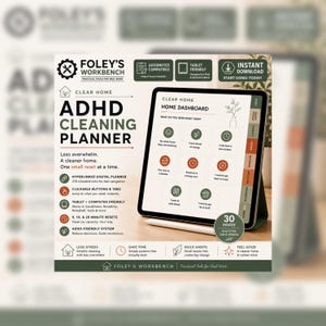 Puede incluir: Un planificador de limpieza digital para TDAH de Foley's Workbench en una pantalla de tableta. La interfaz muestra un panel de control con iconos clicables, pestañas y texto que incluye 'Clear Home', 'ADHD Cleaning Planner' y '30 Pages'.