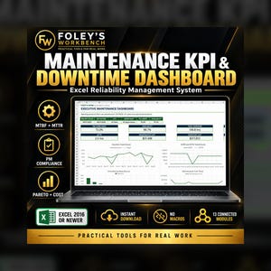 以下が含まれることがあります： Foley's WorkbenchのメンテナンスKPIおよびダウンタイムダッシュボードを表示するノートパソコン。Excel信頼性管理システム。画面には、エグゼクティブメンテナンスデータ、チャート、メトリクスが表示され、MTBF、MTTR、PMコンプライアンス、パレートコストのアイコンが確認できます。