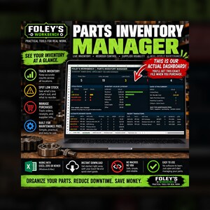 May include: A digital parts inventory manager software dashboard displayed on a laptop screen. The interface features data tables, inventory status, and transaction logs. The graphic includes text labels, icons, and a metal bearing in the foreground.