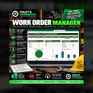 May include: A digital marketing graphic for Foley's Workbench Work Order Manager software, featuring a laptop displaying an Excel dashboard, a yellow hard hat, a metal wrench, and a notepad with a checklist, all set against a dark background.