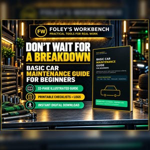 Op de afbeelding: Een zwart en geel boek getiteld Basic Car Maintenance Guide for Beginners van Foley's Workbench. De kaft bevat een auto-omtrek en tekst. De gids bevat 32 pagina's, afdrukbare checklists, logboeken en is een directe digitale download.