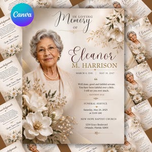 Könnte beinhalten: Eine Vorlage für ein Trauerprogramm mit dem Porträt einer älteren Person mit grauem Haar, Brille und Perlenkette. Das Design enthält weiße Blumenakzente, den Text In Loving Memory of Eleanor M. Harrison sowie Angaben zur Trauerfeier.