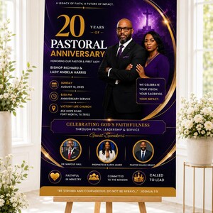 May include: A vertical rectangular event poster featuring a deep purple and gold theme. It announces a 20 Years of Pastoral Anniversary for Bishop Richard and Lady Angela Harris, including event details, guest speakers, and the scripture Joshua 1:9.