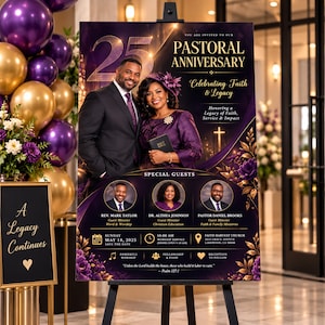 Pode incluir: Um cartaz vertical para um 25º aniversário pastoral. O design apresenta um casal, três convidados especiais, detalhes florais dourados e roxos, e texto incluindo a data 18 de maio de 2025 e Faith Harvest Church.