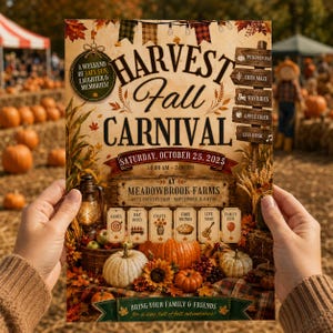 May include: A Harvest Fall Carnival flyer for Meadowbrook Farms on October 25, 2025. The design features autumn leaves, pumpkins, a lantern, and icons for games, hayrides, crafts, food, and music. Text includes event details and location.