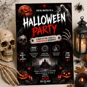 Könnte beinhalten: Ein rechteckiger Halloween-Party-Einladungsflyer mit dunklem Design, rotem Mond, Spukschloss, Kürbissen und Totenköpfen. Der Text lautet: You're invited to a Halloween party, a night of fun, frights & spooktacular memories, Saturday Nov 01, 2026.
