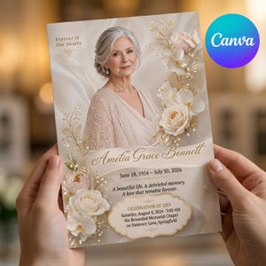 Floral Funeral Program Template, Editable Canva Celebration of Life, Single Page Memorial Program, Printable Obituary Template, Elegant