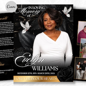 Op de afbeelding: Een uitvaartprogramma-sjabloon met een portret van een persoon in een wit shirt, zwarte bloemenachtergrond, witte duiven en een zwarte roos. De tekst bevat In Loving Memory of Evelyn Williams, 12 december 1974-20 maart 2024, en Forever in Our Hearts.
