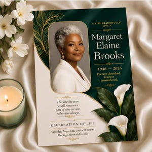 May include: A funeral program card featuring a portrait of a person with short gray hair, gold leaf accents, and white calla lilies on a dark green and cream background. Text includes A LIFE BEAUTIFULLY LIVED, Margaret Elaine Brooks, 1946-2026, and CELEBRATION OF LIFE.