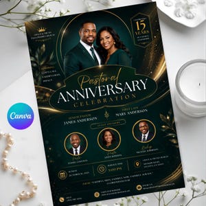 May include: A dark green and gold flyer for a Pastoral Anniversary Celebration. It features photos of Senior Pastor James Anderson and First Lady Mary Anderson, plus guest speakers. Text includes event details, date, time, and church address.