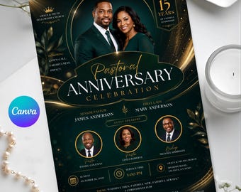Pastor Anniversary Flyer Template, Green Gold Church Appreciation Invitation, Editable Canva Pastoral Celebration, Guest Speaker Flyer
