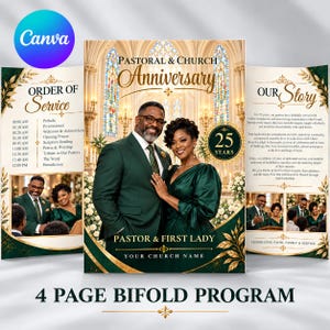 Puede incluir: Un programa plegado de cuatro páginas para un aniversario pastoral y de iglesia. El diseño presenta una foto central de una pareja con vestimenta verde oscuro, texto dorado Pastoral & Church Anniversary y un emblema 25 Years sobre un interior de iglesia.
