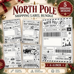 May include: A North Pole shipping label bundle featuring five original designs in black and white. The labels include text such as Sleigh Route Priority, Official Elf Dispatch, North Pole Gift Depot, Polar Post, and Snowy Night Express with barcodes.