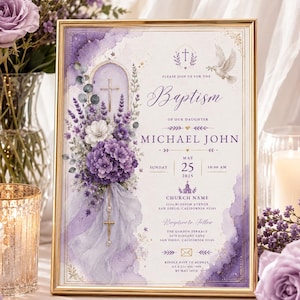 May include: A rectangular gold-framed baptism invitation featuring watercolor purple floral accents, a white dove, and gold cross icons. The text includes "Baptism of our daughter Michael John," date "May 25 2025," and event details in San Diego, California.