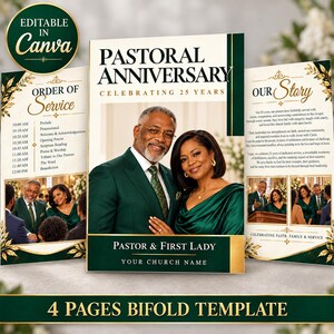 Pastoral Anniversary Bifold Program Template, 25 Years Emerald Green Gold Cathedral Church Booklet, Editable Canva
