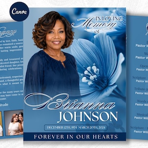 Funeral Program Template Editable Canva 8 Page, Dusty Blue Floral Memorial Booklet for Woman, Celebration of Life Obituary