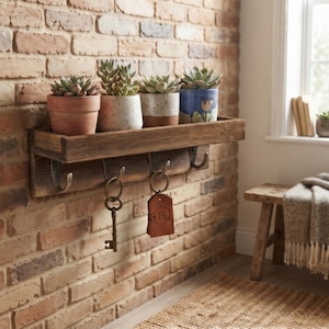 May include: A dark brown wooden wall shelf with four metal hooks. The top surface holds four small potted succulent plants in varied containers, including terracotta, speckled ceramic, and a blue pot with a painted tulip design. A metal key and a leather tag hang from the hooks.