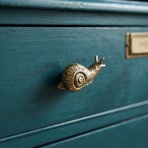 May include: A brass snail-shaped drawer pull attached to a dark teal painted wooden drawer. The snail features a detailed spiral shell pattern and is mounted horizontally on the flat surface. A rectangular brass label holder is visible to the right.