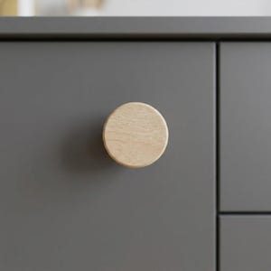 May include: A circular light-coloured wooden cabinet knob with a smooth, flat front surface and visible natural wood grain patterns, mounted onto a solid dark grey cabinet door panel with a clean, straight vertical seam visible on the right side.