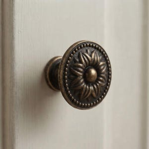 May include: A round cabinet knob with an antique bronze finish featuring a raised floral petal design at the centre. The circular face is bordered by a delicate beaded edge, providing a textured appearance that contrasts with the smooth central dome.