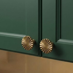 May include: Two circular brass cabinet knobs with a sunburst pattern featuring radiating ridges. The knobs are mounted on dark forest green cabinet doors with a recessed panel design, creating a contrast between the metallic gold and green.