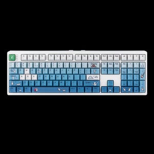 May include: A full-sized computer keyboard with a white frame and a gradient color scheme on the keys, transitioning from light blue to dark blue. The keys feature small white line-art illustrations of figures and clouds, with a green escape key.