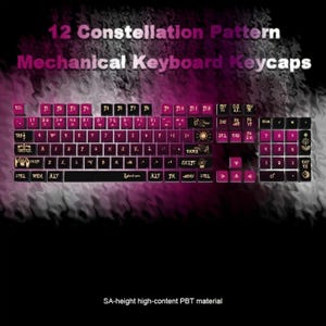May include: A full set of mechanical keyboard keycaps featuring a 12 constellation pattern in shades of black and magenta. The keys display white lettering and gold-colored zodiac symbols. Text on the image reads 12 Constellation Pattern Mechanical Keyboard Keycaps and SA-height high-content PBT material.