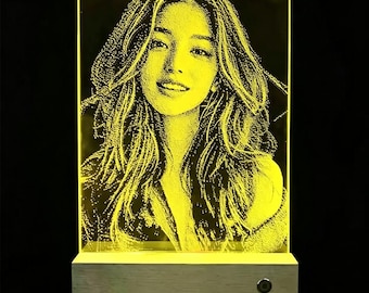 Custom Hammer Engraved Portrait Lamp | Hand-Tapped Photo Night Light, Wooden Base Keepsake