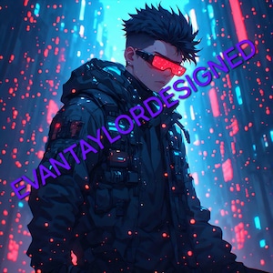 May include: A digital illustration of a person with dark hair wearing a black hooded jacket and red-tinted visor glasses. The background features a blue and red neon city light pattern. The text EVANTAYLORDESIGNED is overlaid in purple.