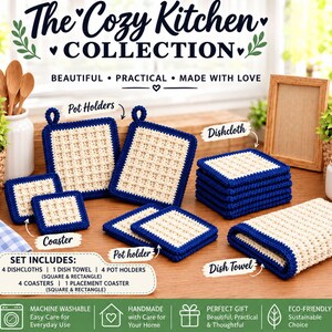 Cozy Kitchen Set Crochet Pattern, Dishcloth, Dish Towel, Coasters, Hot Pad & Potholder, Placemat, Farmhouse Decor