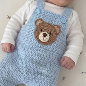 May include: A light blue crocheted overall featuring a brown bear face appliqué on the chest. The garment has two light blue buttons at the shoulder straps and is worn over a plain white long-sleeved shirt. The texture is consistent throughout.