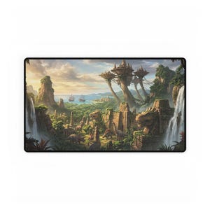 May include: A rectangular desk mat featuring a detailed illustration of a prehistoric landscape with dinosaurs, stone ruins, waterfalls, and tall tree-like structures. In the distance, two sailing ships are visible on the ocean under a cloudy sky.