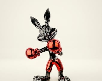 Scultura di coniglio pugile in cromo, statua in resina lucida stile pop art, decorazione moderna di lusso per la casa, statuetta di design, pezzo forte per mensole e centrotavola, idea regalo
