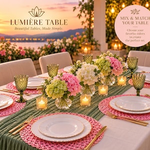 May include: A dining table set with white plates, gold-rimmed cutlery, green textured glassware, and pink woven placemats. A green runner holds glass vases with pink and white hydrangeas and small votive candles. Text reads LUMIÈRE TABLE.