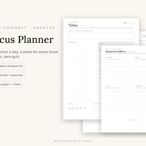 Puede incluir: Un planificador digital Focus para TDAH con 90 páginas diarias y 7 herramientas, compatible con reMarkable 2, Paper Pro, Kindle Scribe y Supernote. El diseño incluye una página Today con una sección de brain dump y una página Dopamine Menu.