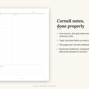 May include: A white Cornell notes page template featuring a topic and date header, a cue column, a dot-grid notes area, and a summary strip. Text includes Cornell notes, done properly, cue column, dot-grid notes area, summary strip, and 100 pages.