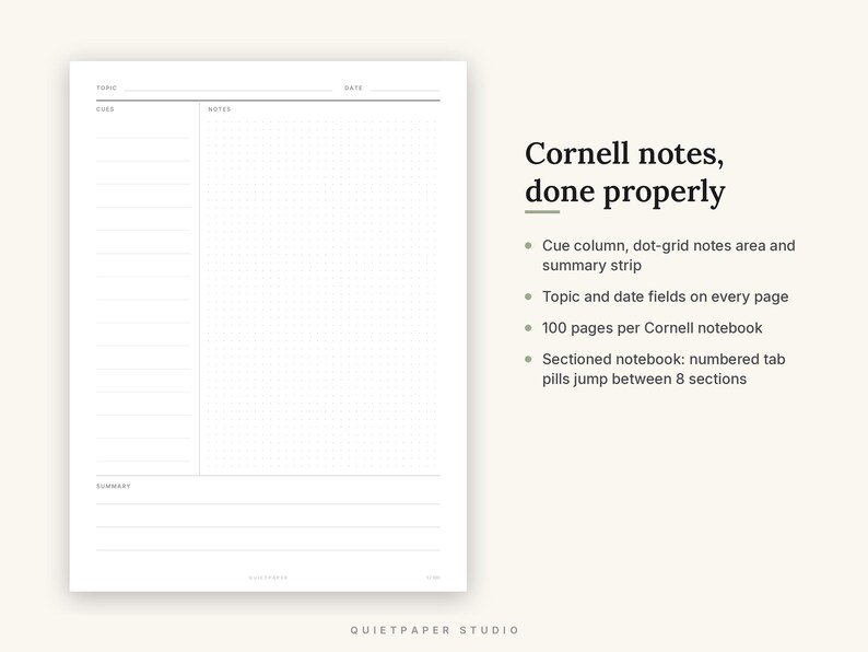 May include: A white Cornell notes page template featuring a topic and date header, a cue column, a dot-grid notes area, and a summary strip. Text includes Cornell notes, done properly, cue column, dot-grid notes area, summary strip, and 100 pages.