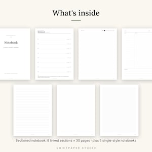 May include: A digital notebook layout featuring seven distinct page templates on a light background. The text reads What's inside, Notebook, and Sectioned notebook: 8 linked sections x 30 pages plus 5 single-style notebooks. The pages include lined, blank, and grid formats.