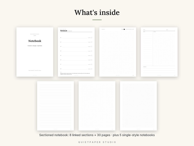 May include: A digital notebook layout featuring seven distinct page templates on a light background. The text reads What's inside, Notebook, and Sectioned notebook: 8 linked sections x 30 pages plus 5 single-style notebooks. The pages include lined, blank, and grid formats.