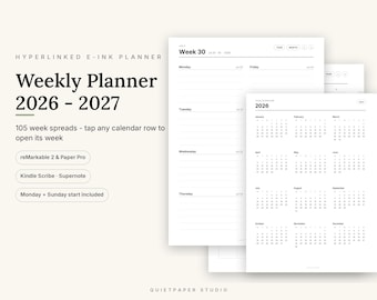 Hyperlinked Weekly Planner 2026-2027 PDF, reMarkable, Kindle Scribe, Supernote