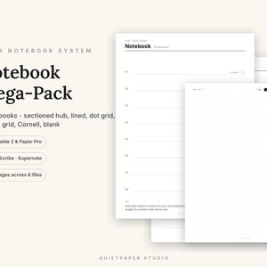 Op de afbeelding: Een digitaal notitieboek mega-pakket voor e-ink apparaten zoals reMarkable 2, Paper Pro, Kindle Scribe en Supernote. De set bevat 6 bestanden met in totaal 1.145 pagina's, met gelinieerde, gestippelde, geruite, Cornell- en blanco paginalay-outs.