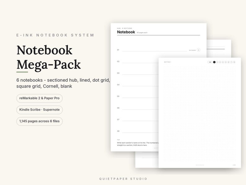 May include: A digital notebook mega-pack for e-ink devices including reMarkable 2, Paper Pro, Kindle Scribe, and Supernote. The set features 6 files with 1,145 pages total, showcasing lined, dot grid, square grid, Cornell, and blank page layouts.